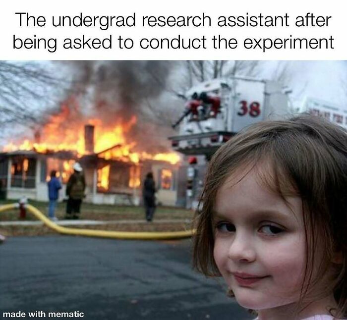 A PhD meme of a young girl smiling mischievously in front of a burning house, representing a research assistant.