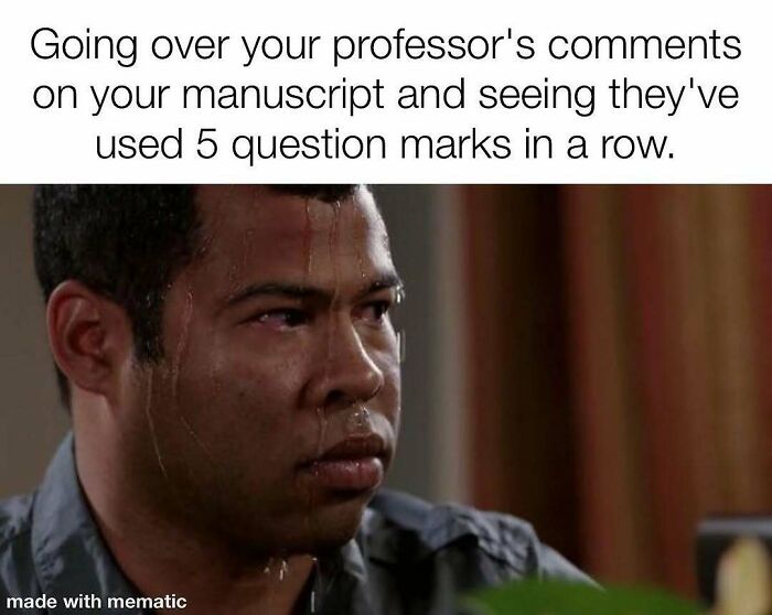 A sweating man with a worried expression, illustrating the stress of reviewing PhD professor comments.