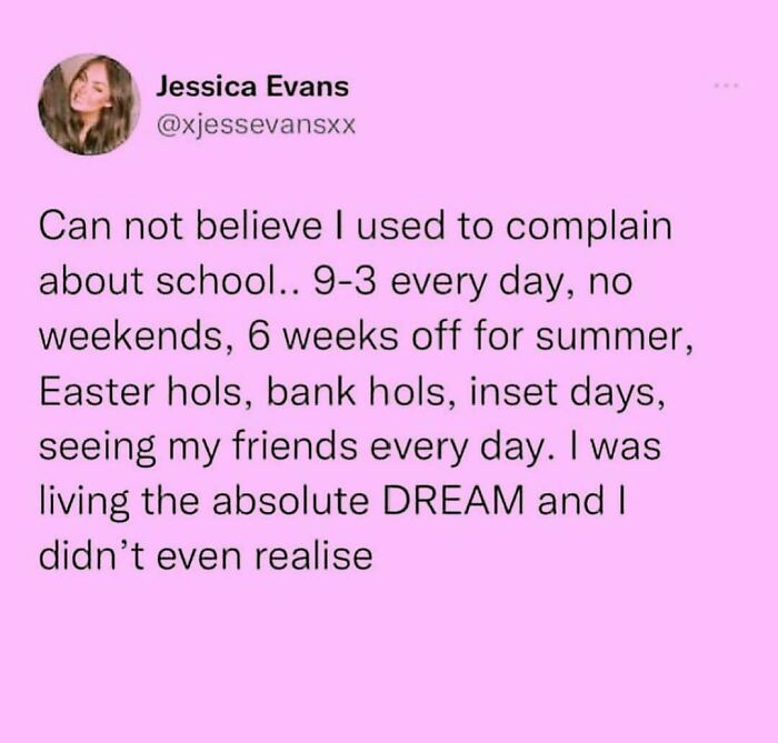 Meme Queen post about reflecting on school days as a dream, full of friends and holidays.