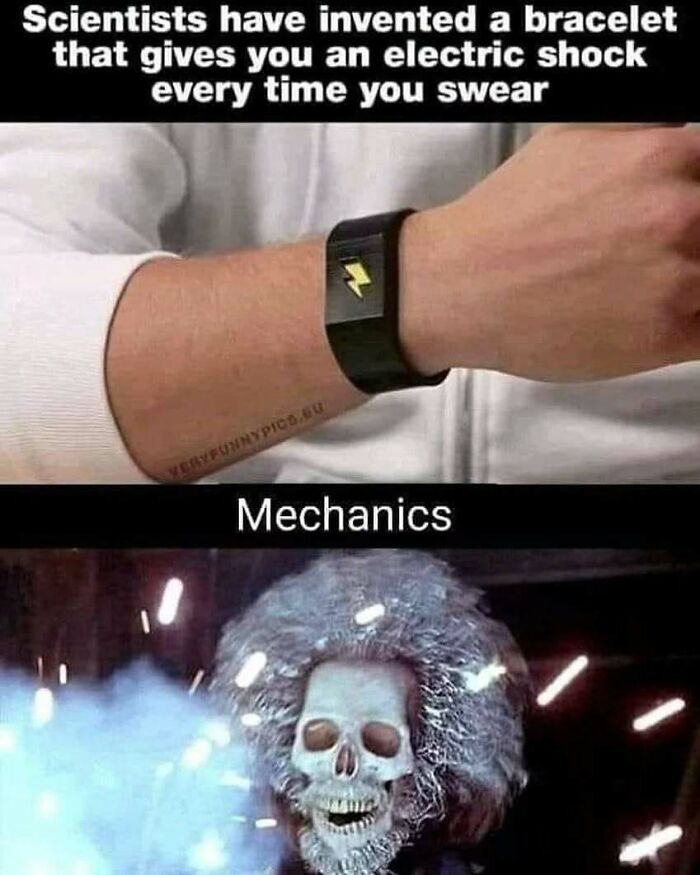 Funny meme of a mechanic with an electric shock bracelet that makes him look like a skeleton with an afro.