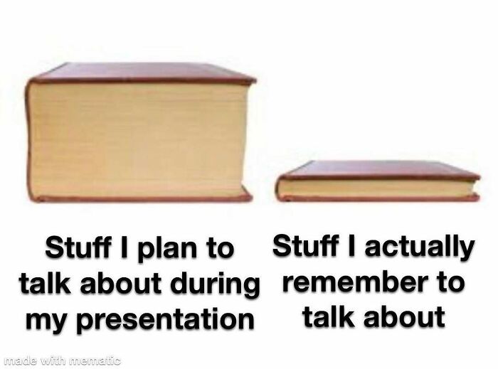 A PhD meme illustrating the difference between planned thesis presentation topics (thick book) and remembered ones (thin book).