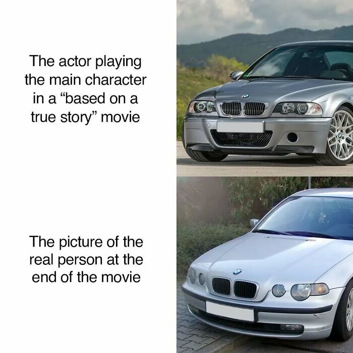 Funny meme comparing two different BMW cars, highlighting the difference between a movie and real life car.