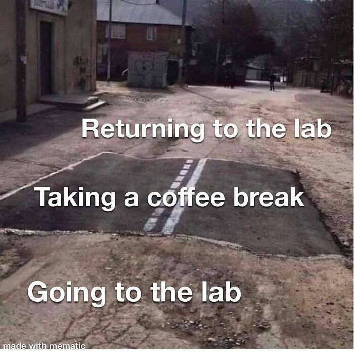 Humorous image for PhD memes: A rough road with text showing the short distance to the lab, coffee break, and lab.
