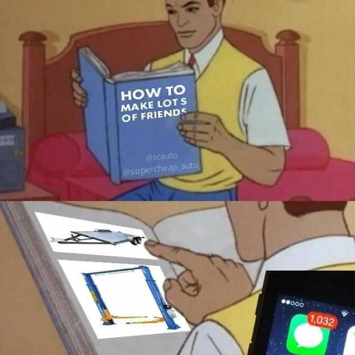 Funny meme about making friends by acquiring car-related items, for people who love car discussions.