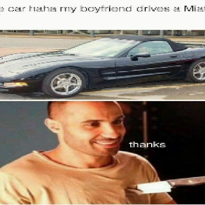 Funny car meme showing a black sports car at the top and a man with a knife at the bottom, smiling after a car discussion.