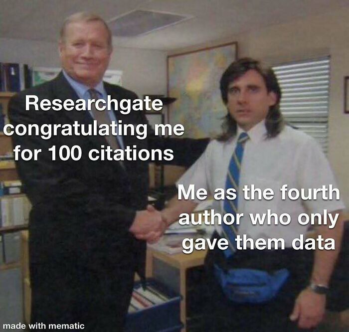 PhD meme about research: One man shaking hands with another, representing citations for PhD thesis work.
