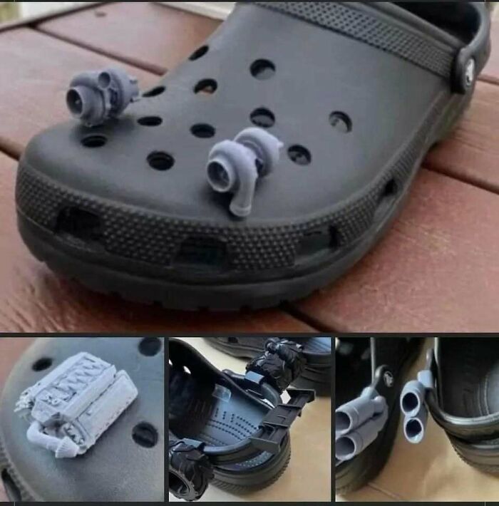Funny car meme of a black Croc shoe customized with miniature car parts like turbos, an engine, and exhaust pipes.