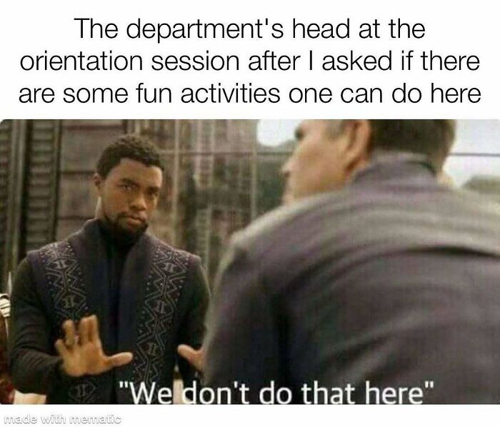A PhD meme with Black Panther saying, We don't do that here, in response to asking about fun activities for PhD students.