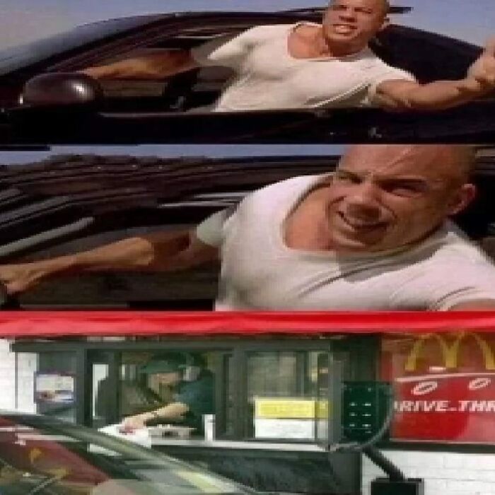 Funny car meme featuring Vin Diesel driving through a McDonald's drive-thru, showing his enthusiasm for cars.