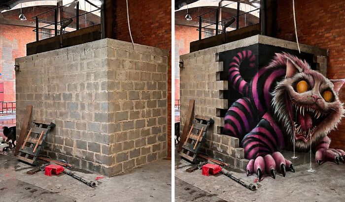 French artist creating mind-bending 3D illusions: A before and after shot of a concrete wall transformed into a Cheshire Cat.