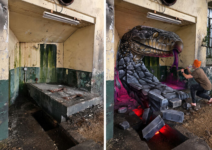 French artist turning an ordinary wall into a 3D illusion of a large snake with glowing eyes.