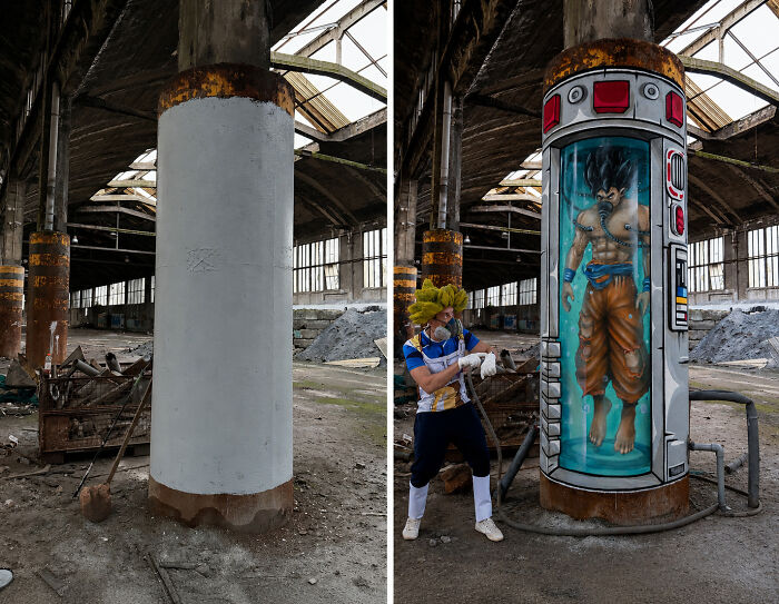 French artist creating 3D illusion of Goku in a glass chamber on an ordinary wall in an abandoned building.