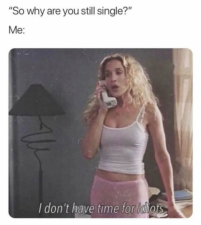 A Meme Queen post of Carrie Bradshaw on the phone with text: So why are you still single? Me: I don't have time for idiots.