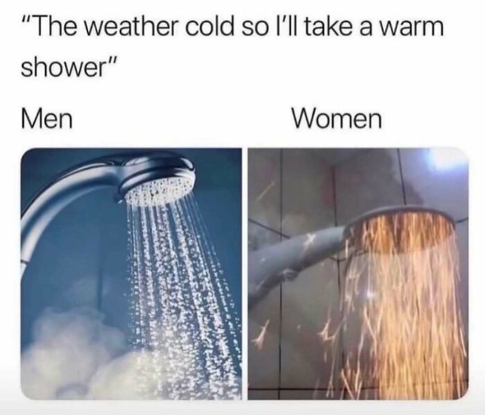 A meme comparing men's warm showers to women's extremely hot showers, a 'Meme Queen' post.