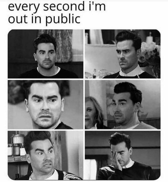 A meme queen collage of a man making six different uncomfortable facial expressions in public.