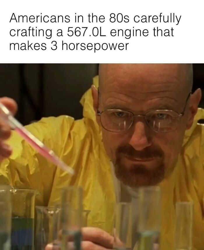 Funny meme of Walter White crafting a car engine, highlighting car memes and discussion.