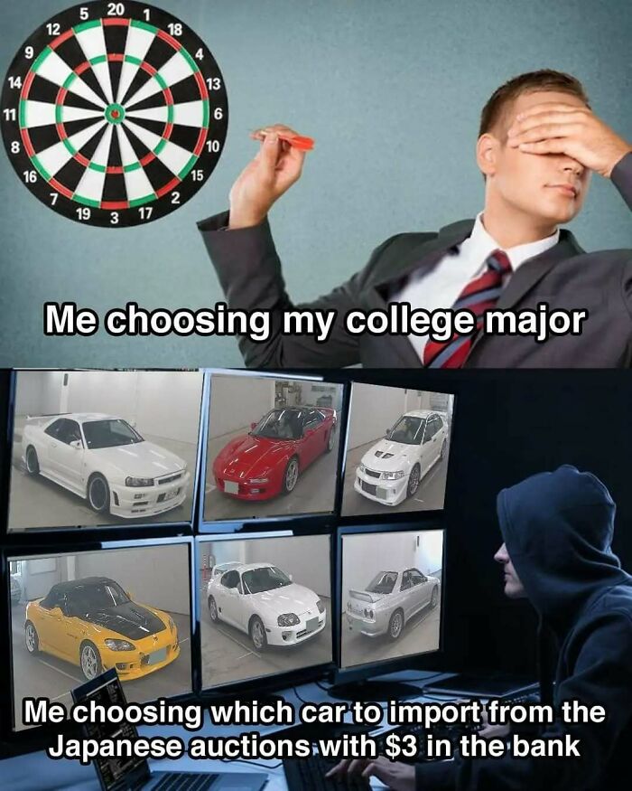 Funny meme about choosing a college major versus choosing cars to import, showcasing different sports cars.