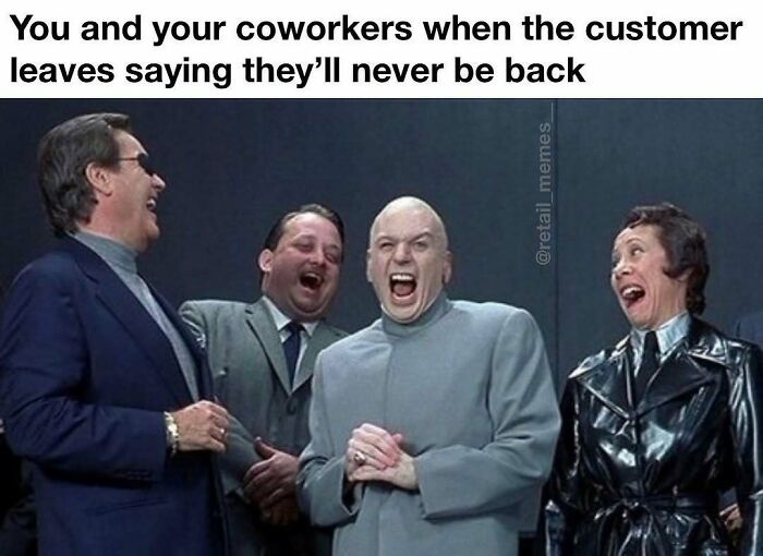 Retail coworkers laughing joyfully as a customer leaves, a funny retail meme moment.