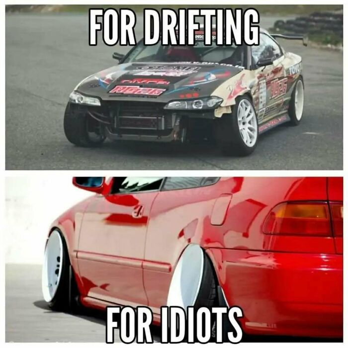 Funny car meme contrasting a car set up for drifting with a car modified for appearance, a common car enthusiast discussion.