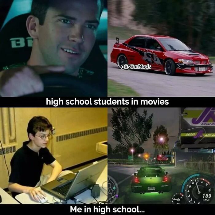 Funny car meme showing high school students in movies with fancy cars vs. real high school students playing car games.