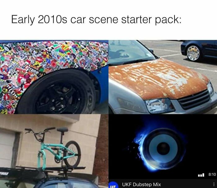 An early 2010s car scene starter pack meme featuring car modifications, a BMX bike, and a dubstep audio icon.