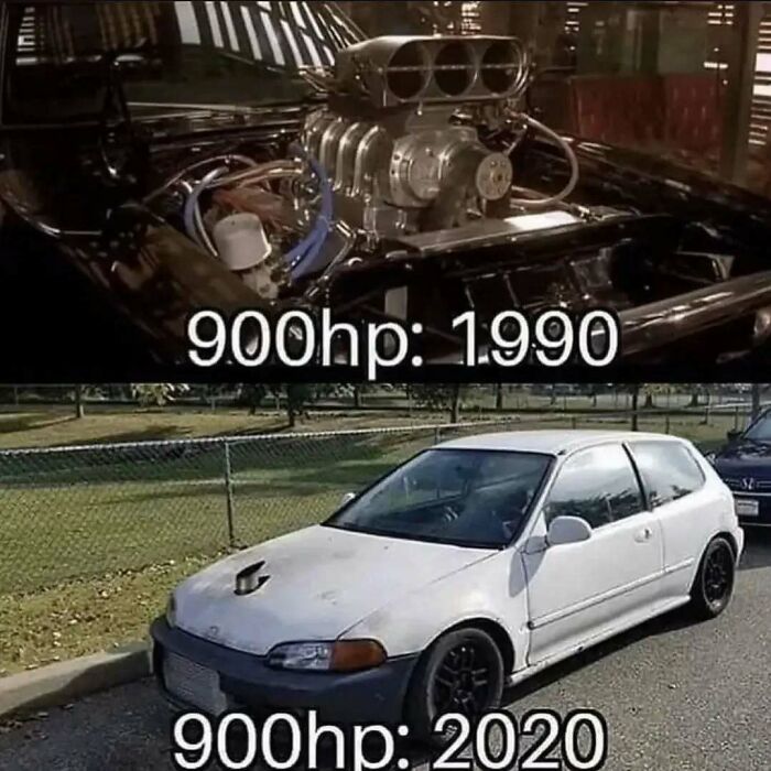 Funny memes comparing a 1990 car engine with 900hp to a 2020 car with 900hp.