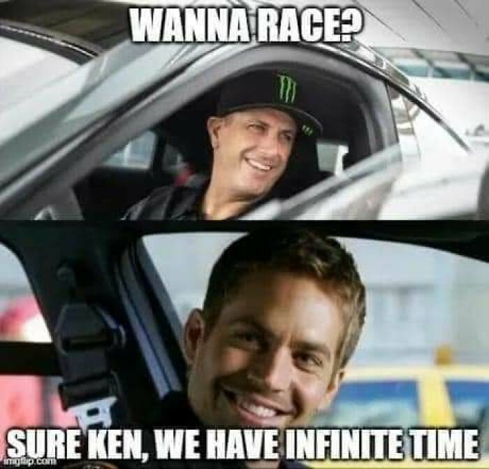 Funny memes featuring Ken Block and Paul Walker in cars with a racing dialogue.