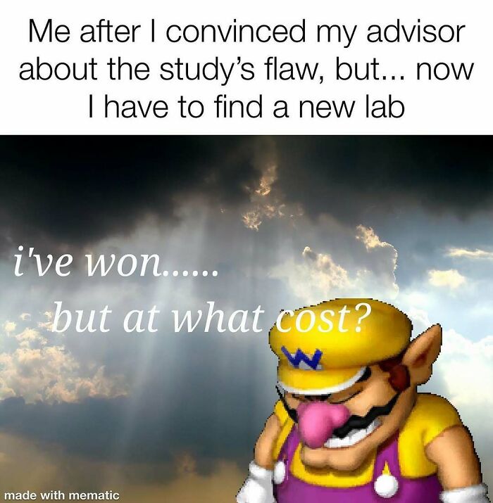 A PhD meme featuring Wario contemplating the cost of winning after convincing an advisor of a study's flaw.