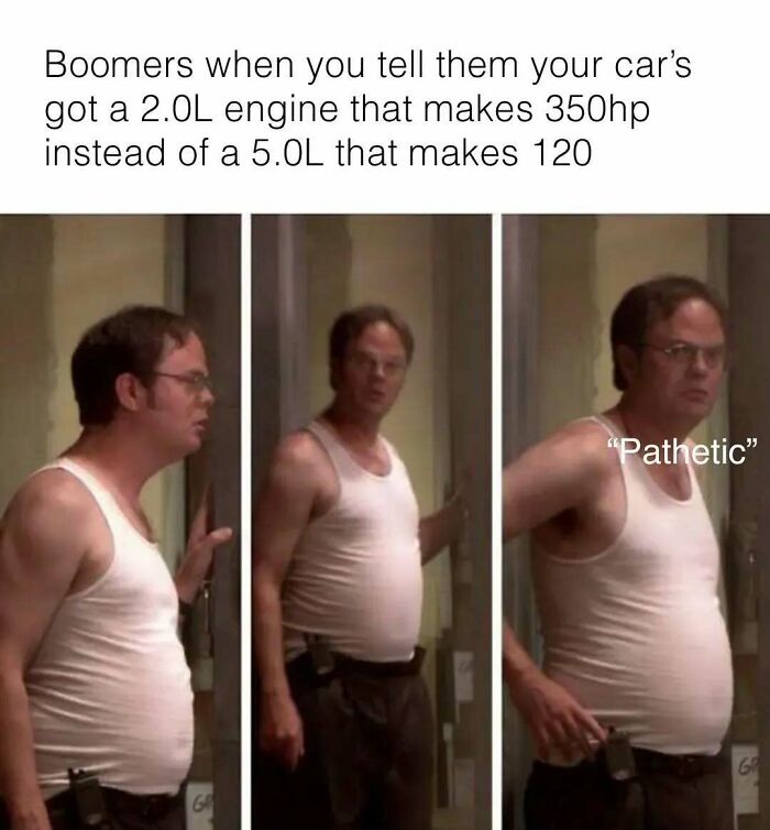 Funny meme about cars, depicting Dwight Schrute from The Office reacting to engine specs, calling it pathetic.