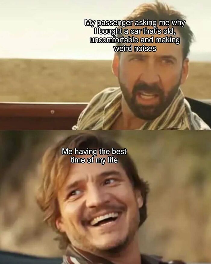 Funny memes about cars: Nicolas Cage looking confused and Pedro Pascal laughing, showing the contrast of car ownership.