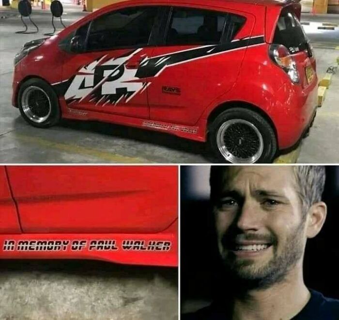 A funny meme showing a red car with custom decals and a photo of Paul Walker, memorializing his connection to cars and funny memes.