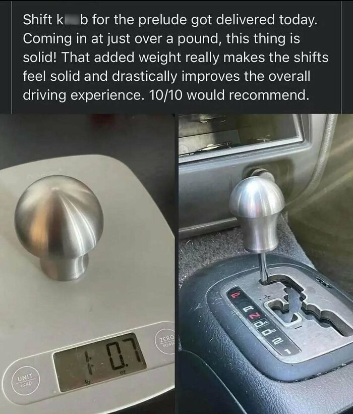 A funny meme showing a heavy shift k**b on a scale and installed in a car, humorously improving the driving experience.