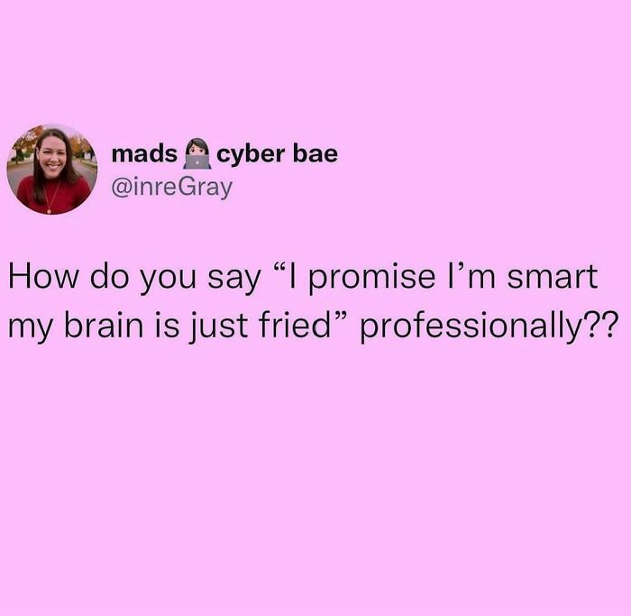 A 'Meme Queen' post showing a tweet that reads: How do you say 'I promise I'm smart my brain is just fried' professionally??