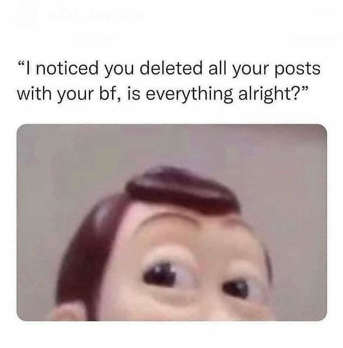 A meme queen post with a wide-eyed doll face meme reacting to a question about deleting boyfriend posts, capturing awkwardness.