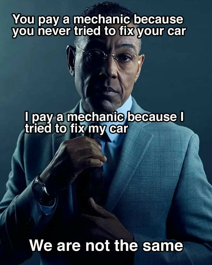 A funny meme showing Giancarlo Esposito illustrating how different people approach fixing their cars, highlighting funny memes.