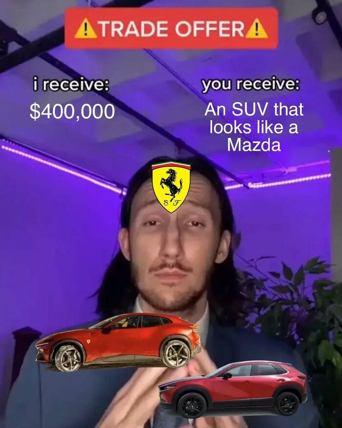 Funny meme illustrating a trade offer for a high-priced SUV, comparing it to a Mazda car design.