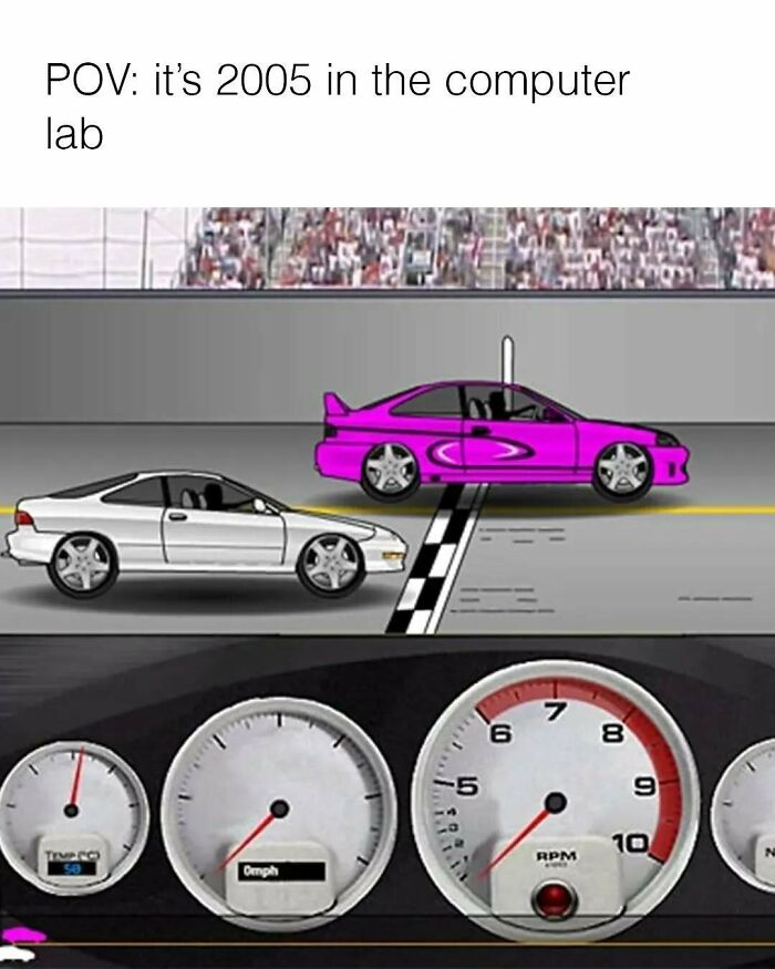 Funny meme about cars, featuring a computer game of two cars racing on a track.
