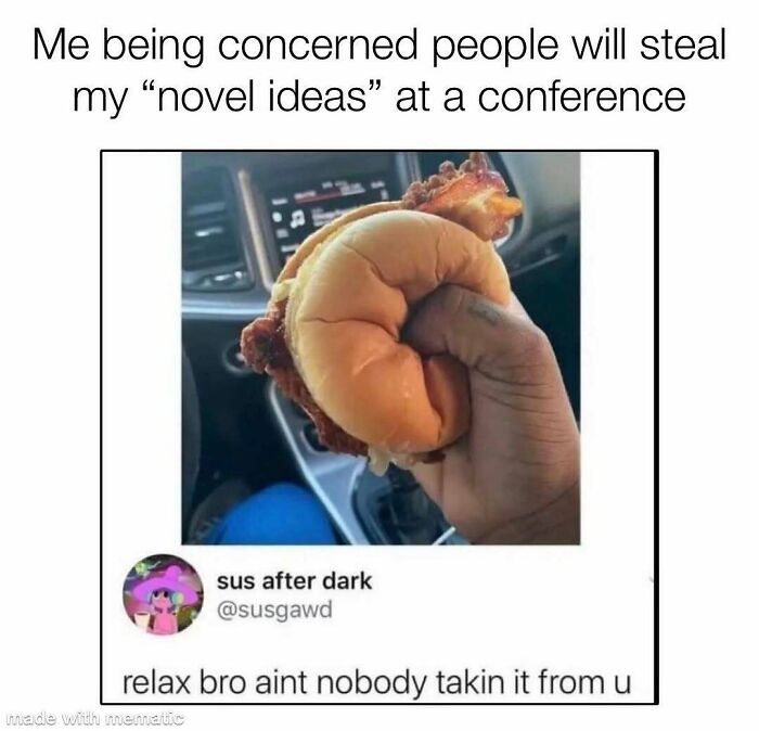 A PhD meme featuring a hand tightly gripping a burger, with text about protecting novel ideas from being stolen.