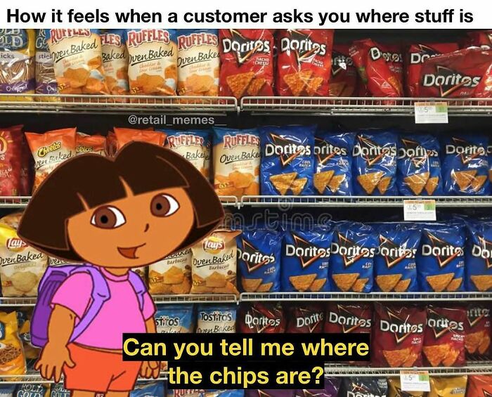 Dora the Explorer asks about chip location in a store, a popular retail meme.