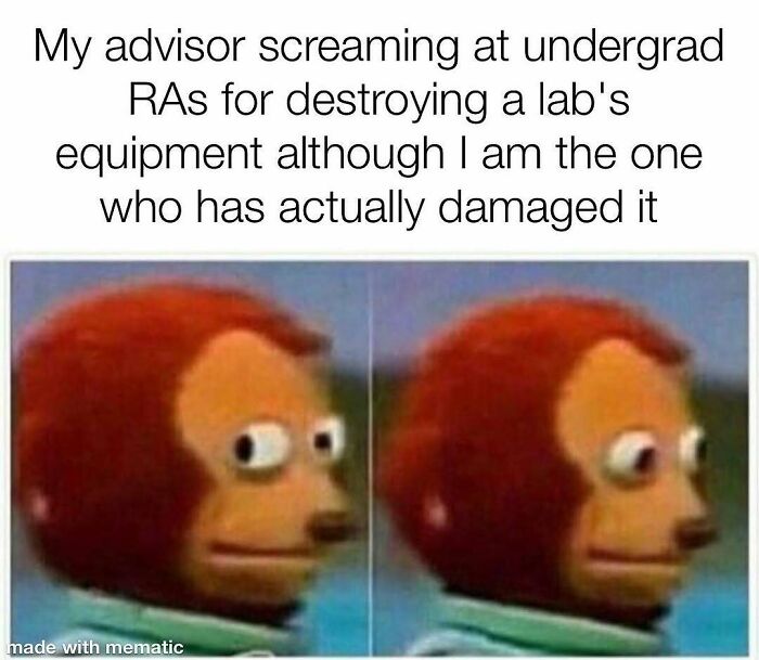 A PhD meme featuring the Disappointed Monkey meme, with two panels showing the monkey looking away. The caption describes an advisor yelling at undergrad RAs for damaging lab equipment, when the person viewing the meme is actually responsible. This PhD meme captures the awkwardness and humor of lab life.