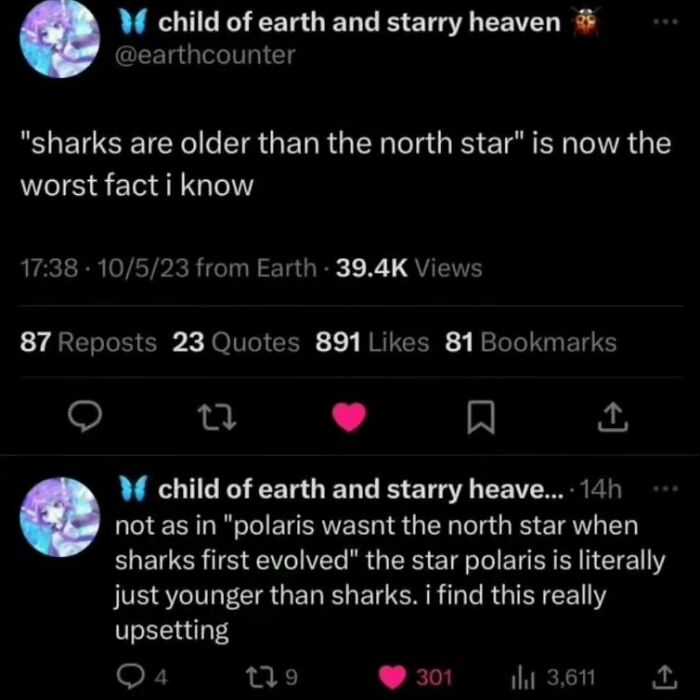A funny meme tweet about sharks being older than the North Star, showcasing science humor.