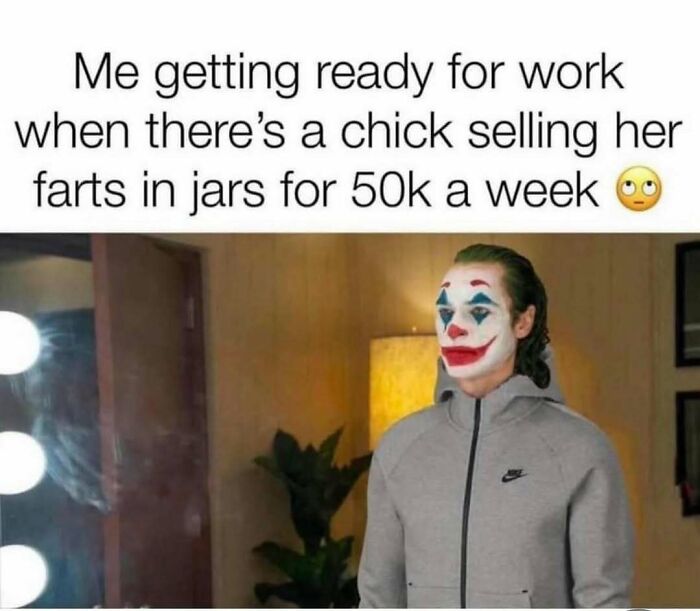Meme Queen post showing Joker getting ready for work, contemplating a new bizarre income stream.