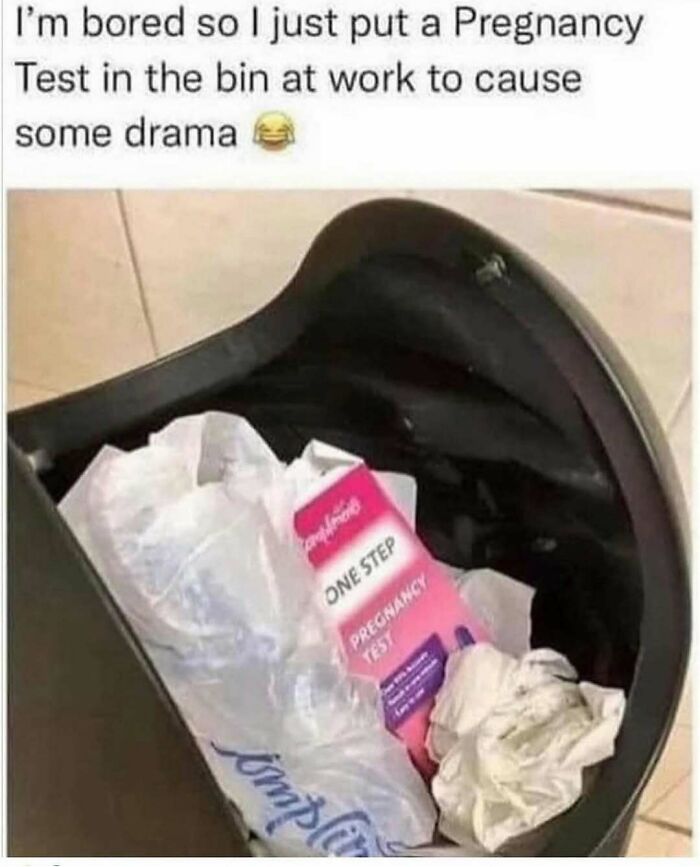 A discarded pregnancy test in a bin at work, a 'Meme Queen' post about causing drama.