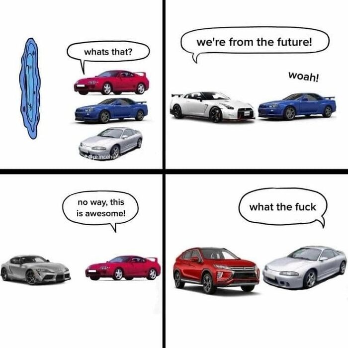 Funny memes illustrating the evolution of cars from past to future, showing different car models.