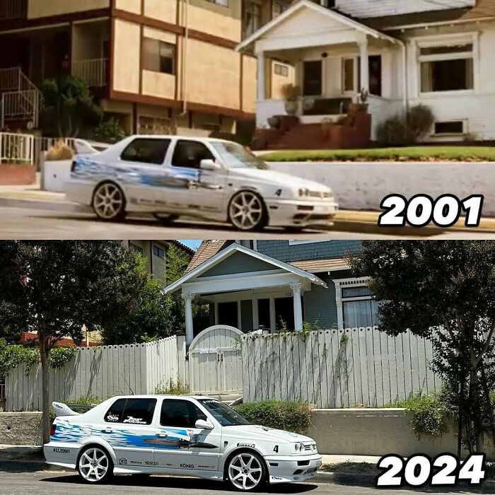 Funny car meme featuring a white car parked in front of a house in 2001 and 2024.