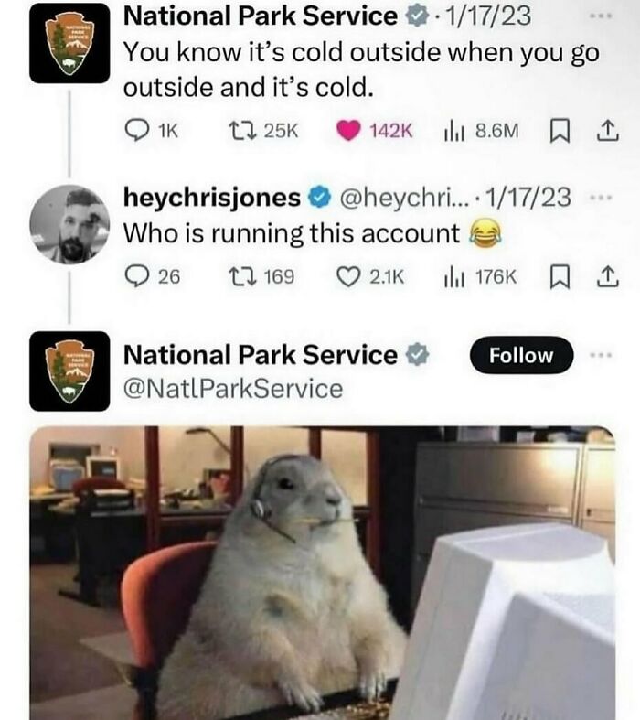A funny animal meme of a prairie dog wearing a headset and working at a computer, with a tweet from the National Park Service about cold weather.