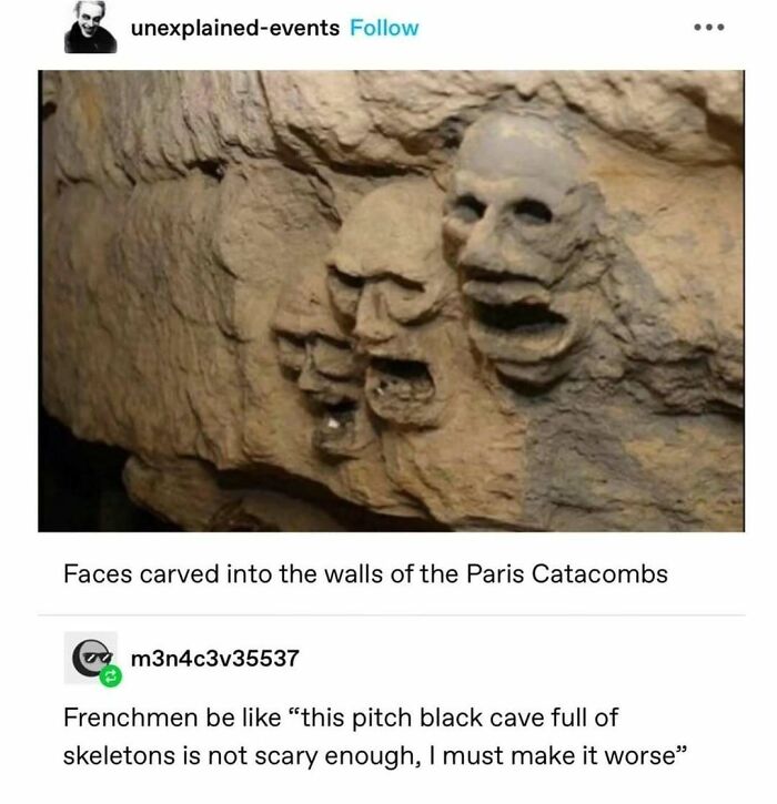 A funny meme showing faces carved into the walls of the Paris Catacombs, with a humorous science related caption.