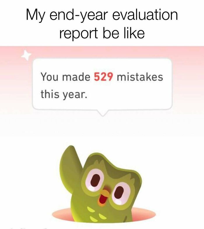 A PhD meme of the Duolingo owl popping out of a hole with a notification saying You made 529 mistakes this year.