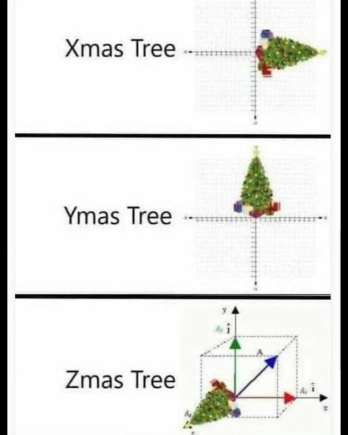 A funny meme showing Christmas trees on X, Y, and Z axes, a science meme.