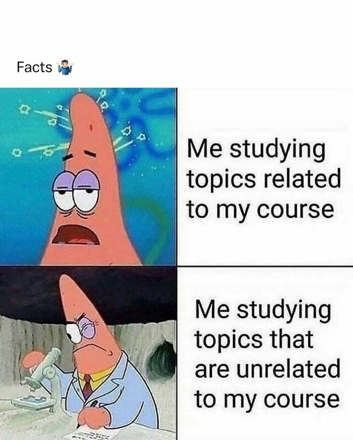 Funny medical meme featuring Patrick Star showing disinterest in course topics and engagement in unrelated studies.